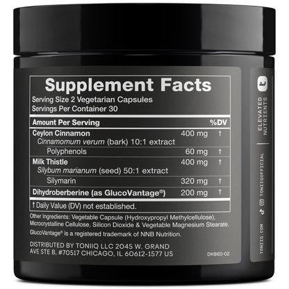 Toniiq Dihydroberberine supplement label showing GlucoVantage ingredients