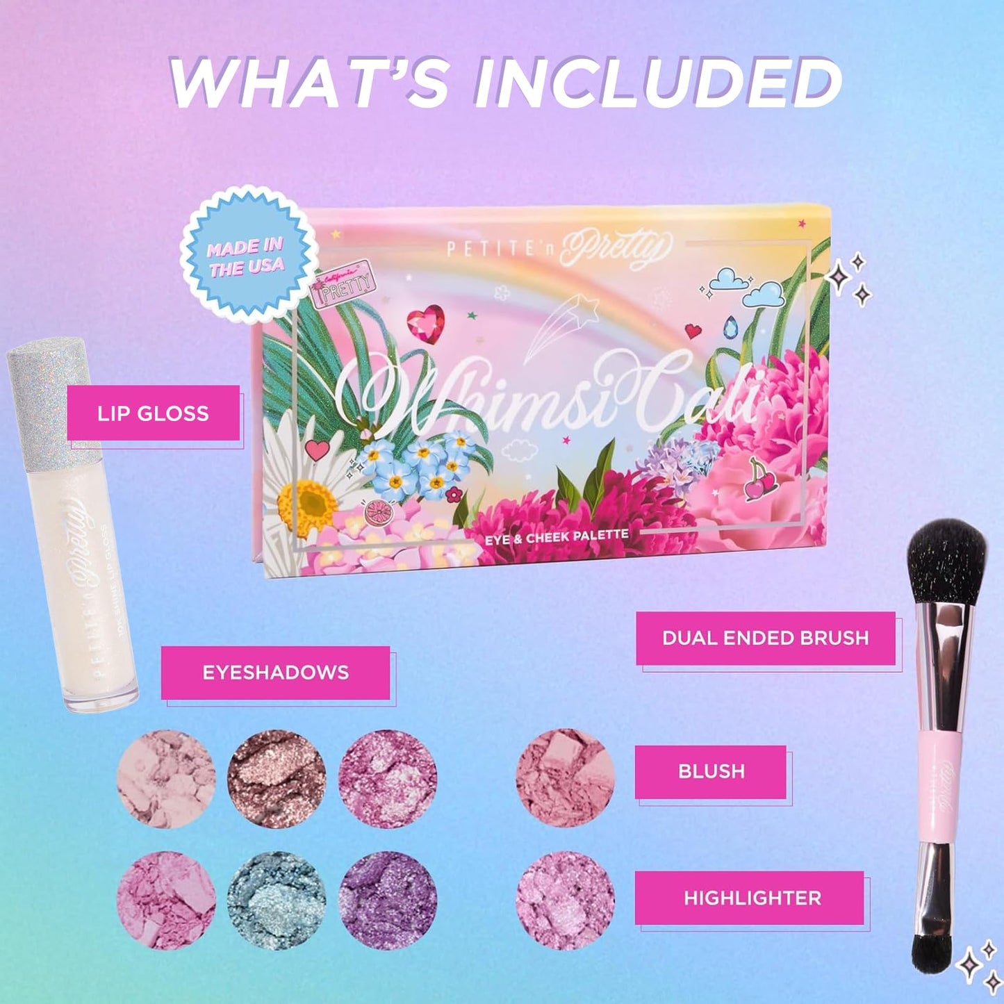 Open WhimsiCali eye and cheek makeup palette displaying six eyeshadows and two blushes