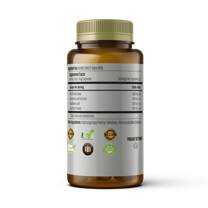 Organibal Talya liver support herbal supplement packaging showcasing key active natural plant ingredients list.