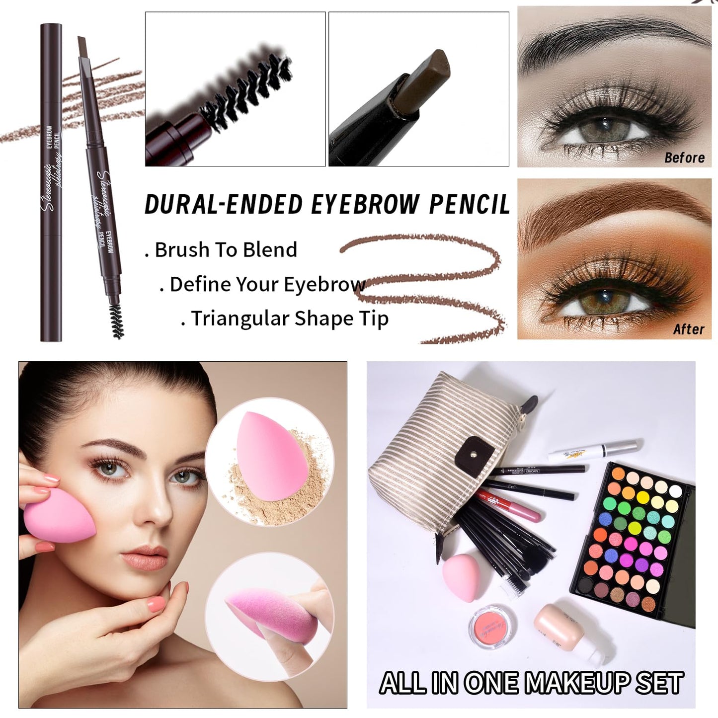 YBUETE full face beauty bundle laid out flat to show all forty eyeshadow palette colors.