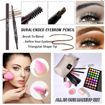 YBUETE full face beauty bundle laid out flat to show all forty eyeshadow palette colors.