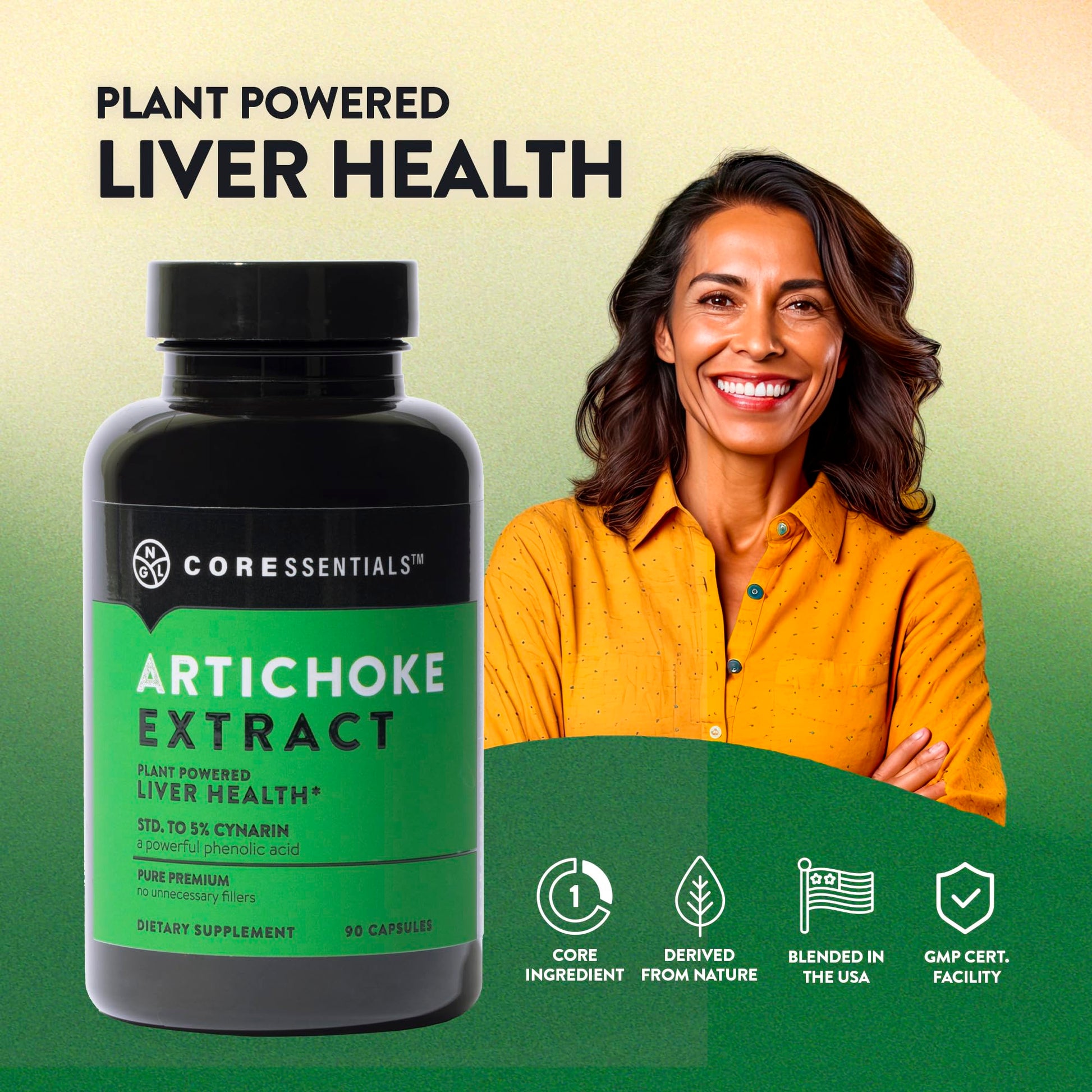 Core Essentials Artichoke Extract dietary supplement nutrition facts label detailing 5 percent cynarin