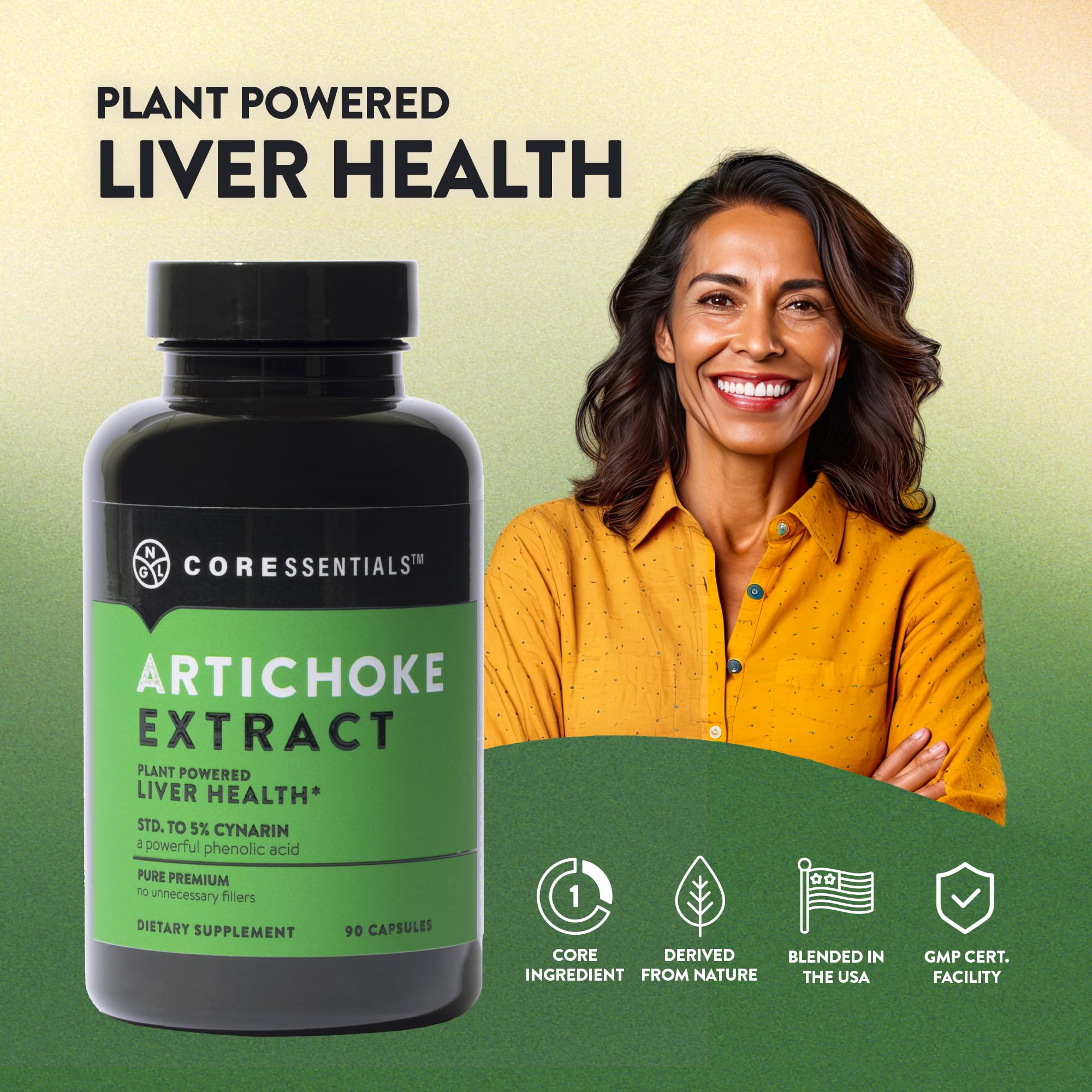 Core Essentials Artichoke Extract dietary supplement nutrition facts label detailing 5 percent cynarin
