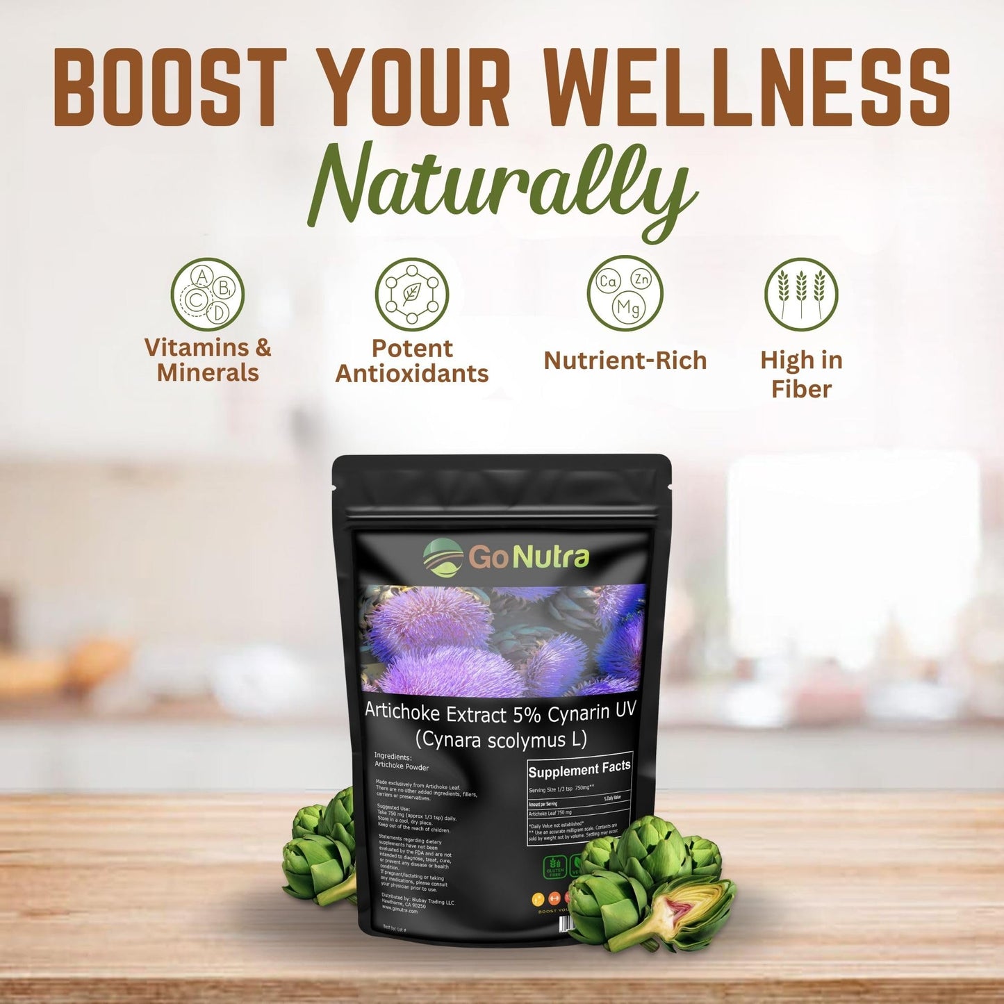Pure artichoke leaf and stem powder texture close up showing the fine consistency of the dietary supplement.