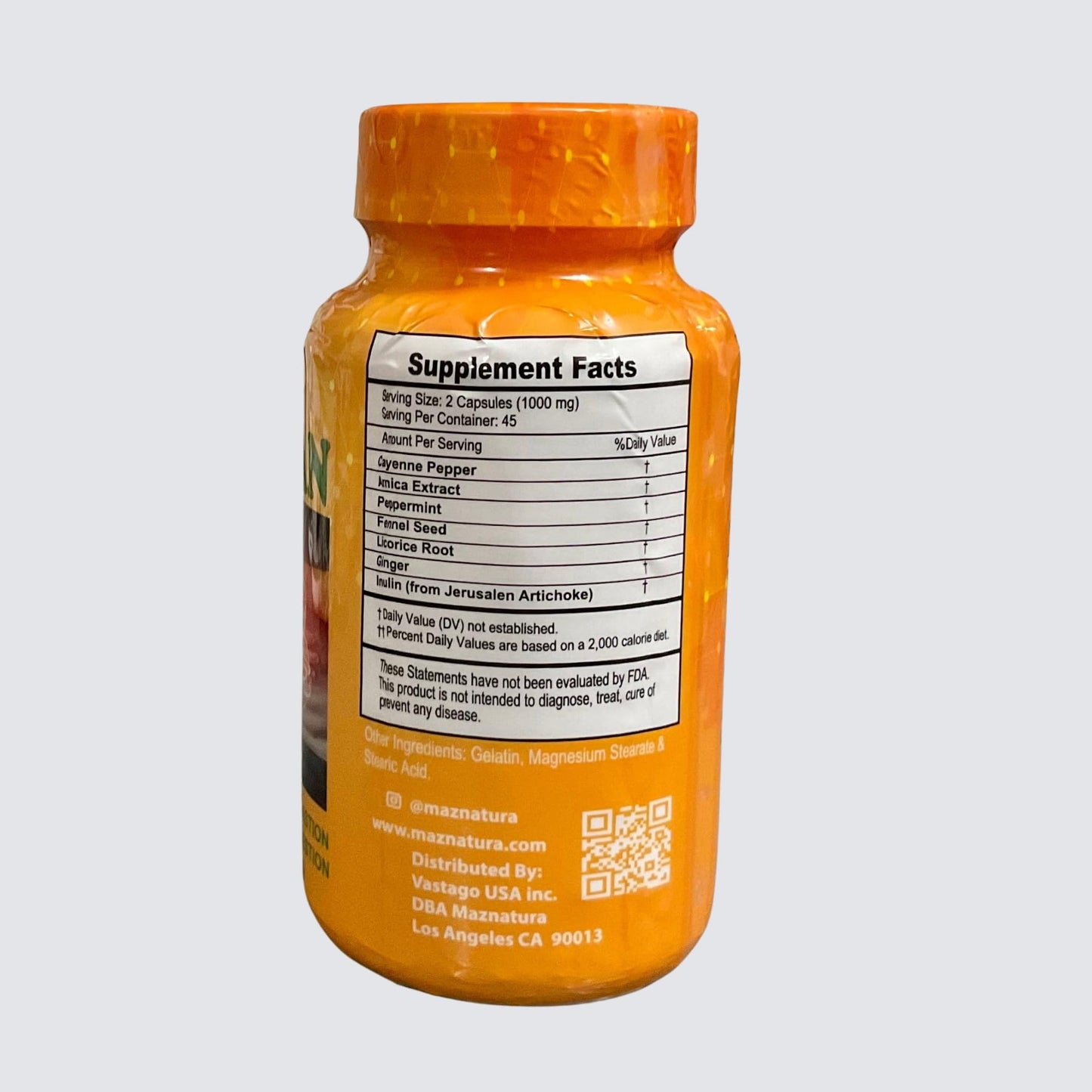 Imported Maznatura herbal digestive care capsules showcasing the supplement facts and directions for use.