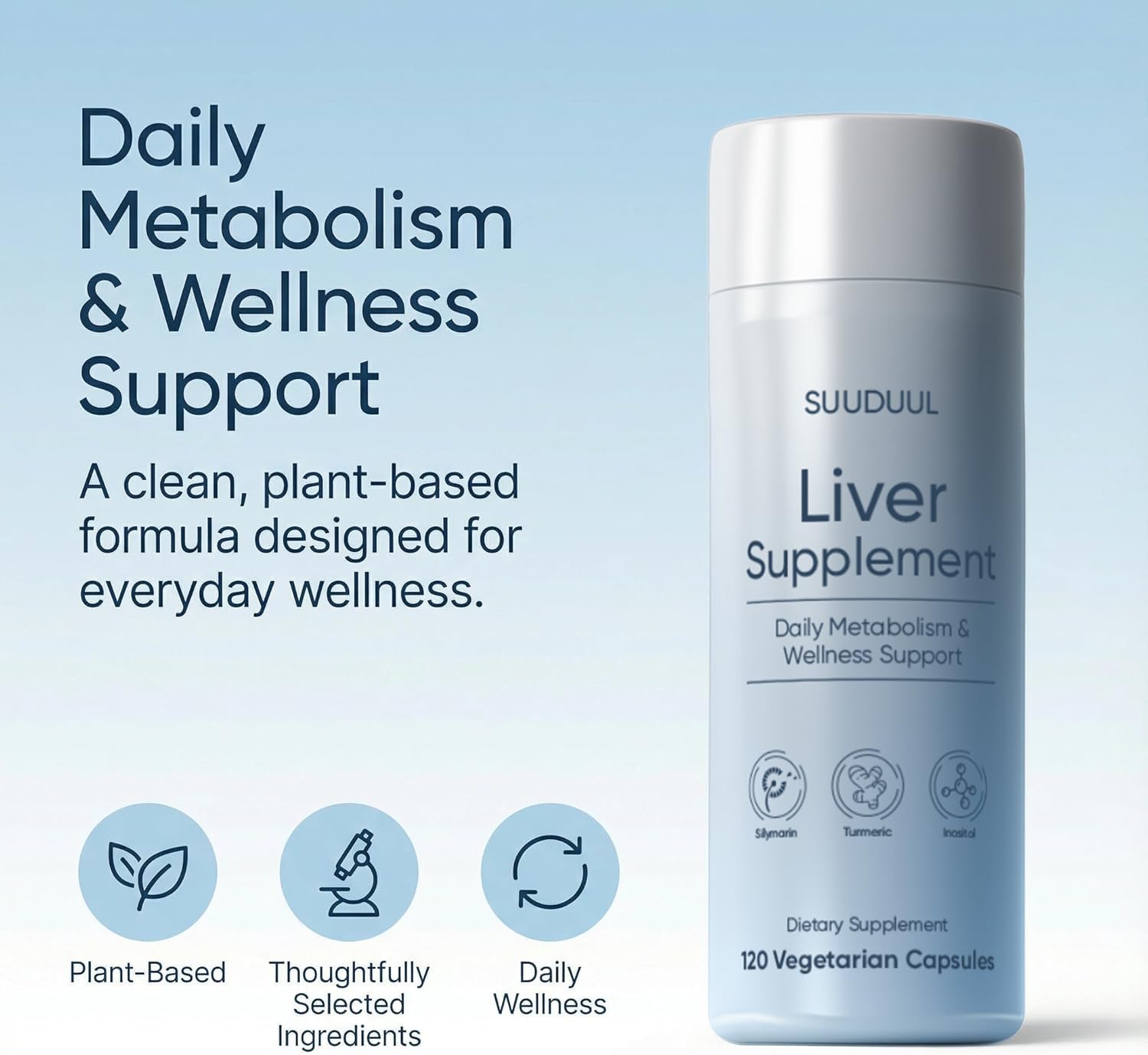 Suuduul Liver Balance vegetarian capsules packaging showing ingredient highlights like milk thistle and turmeric.
