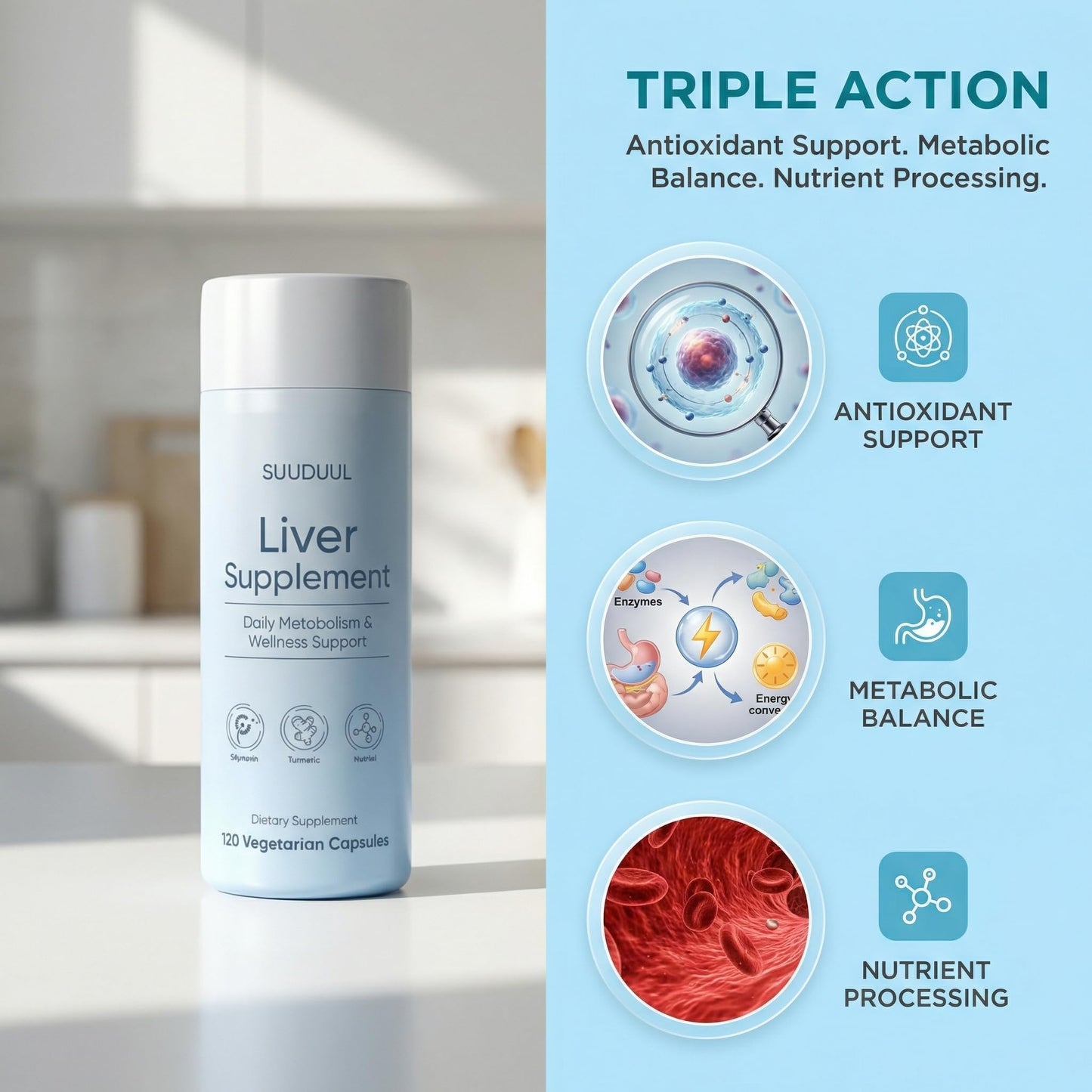 Side label view of premium liver balance capsules detailing directions for adult daily usage.