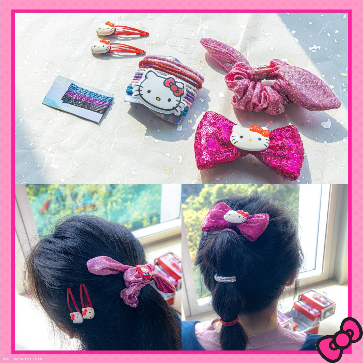 Townley Girl Hello Kitty flavored lip gloss tubes and blush compact close up view.