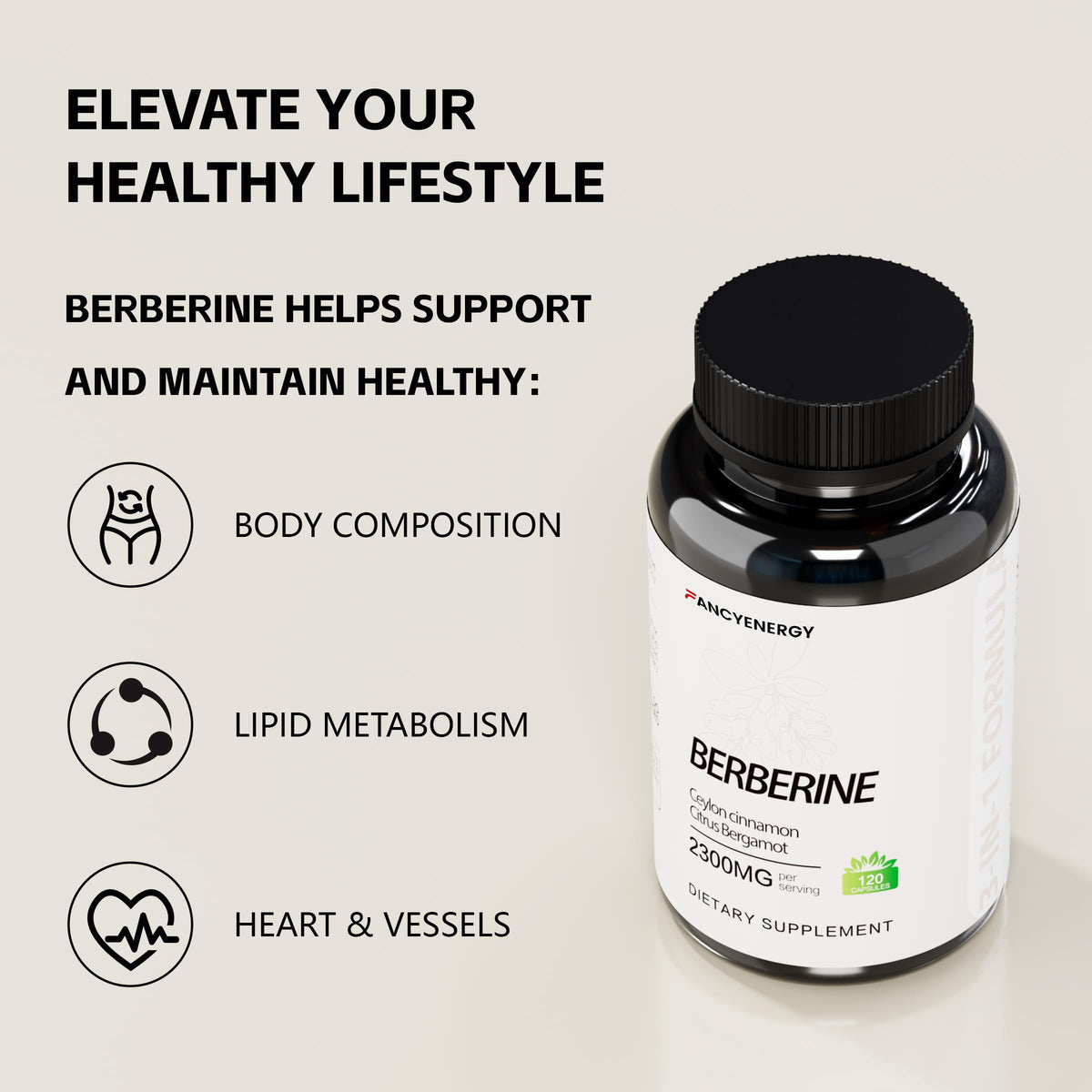 Side profile of Fancyenergy botanical formula bottle showing ingredients