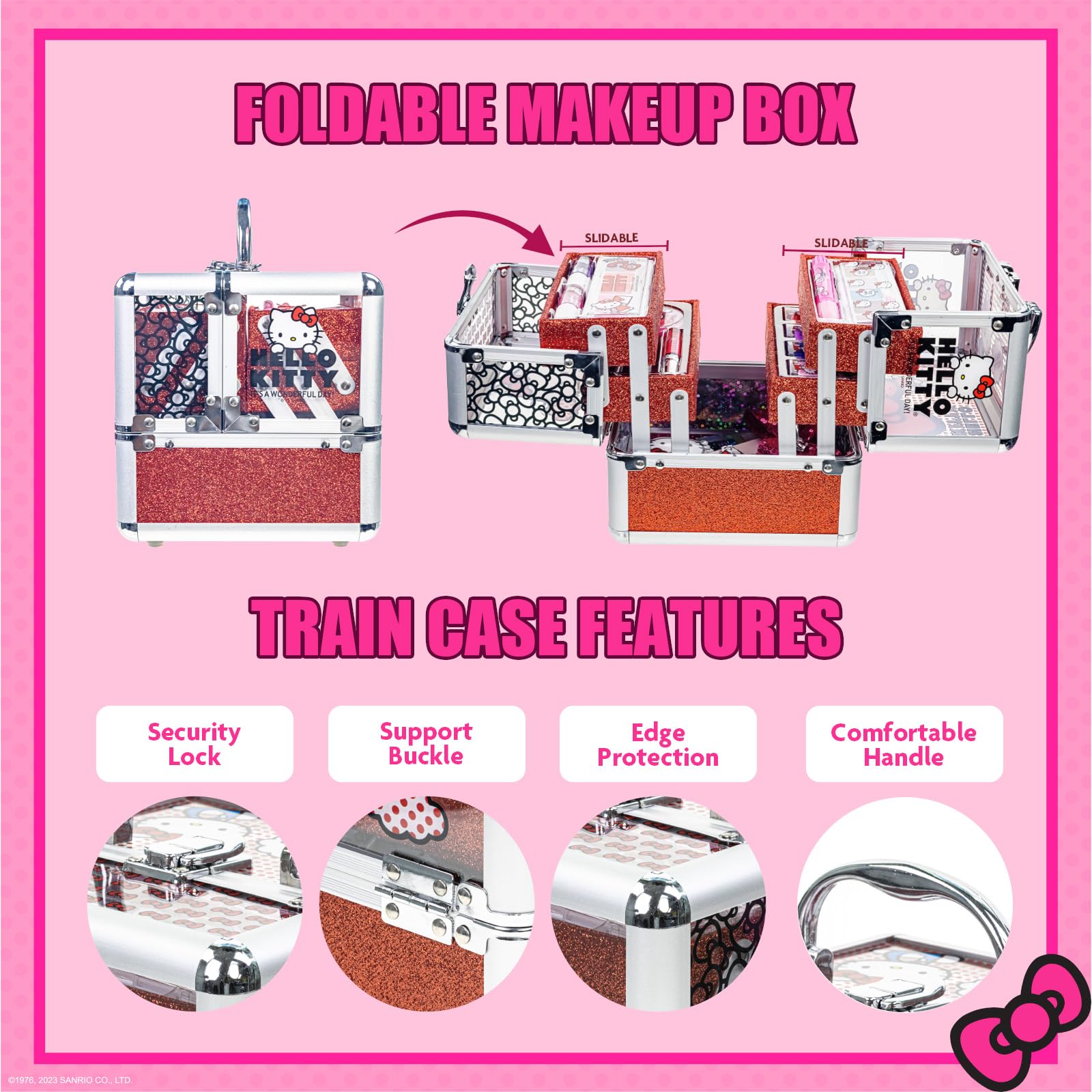 Townley Girl Hello Kitty multi color eye shimmer palette with applicator brush close up.