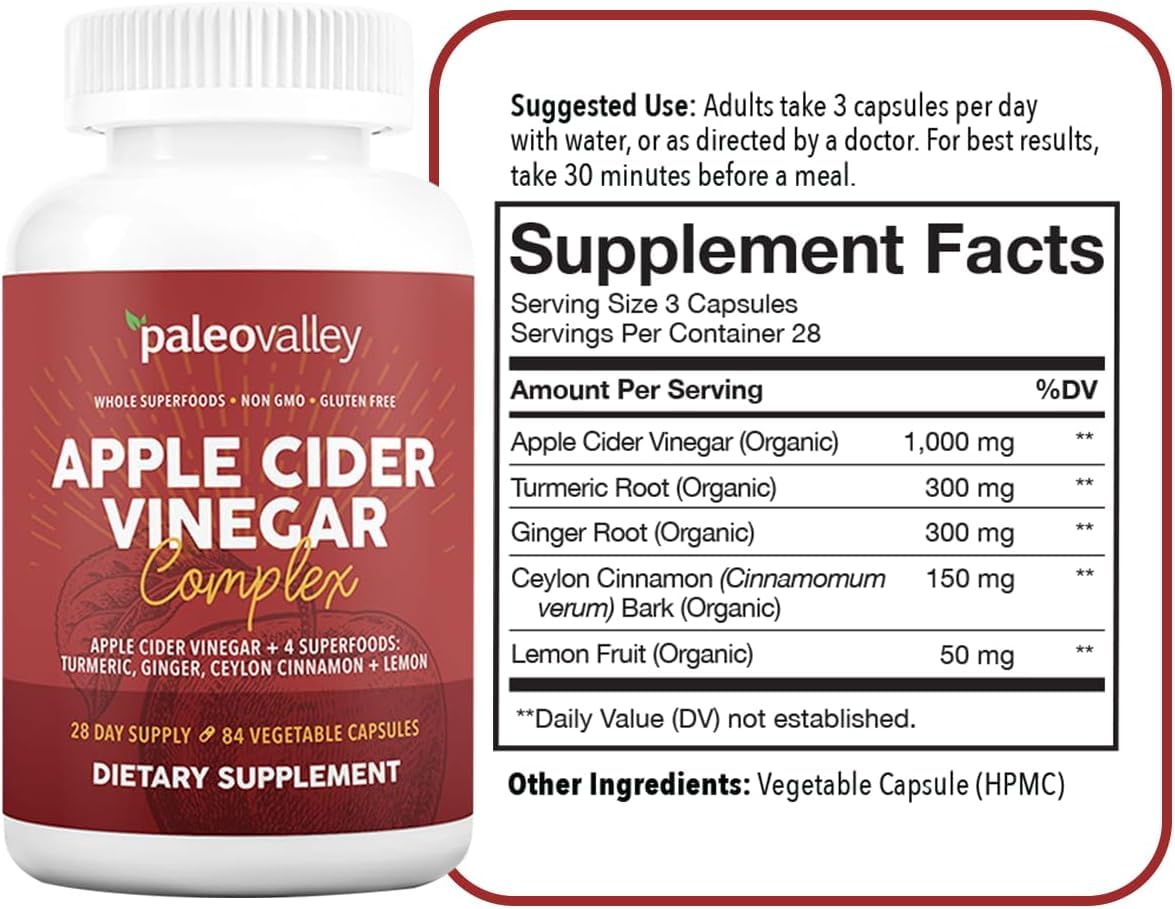 Paleovalley Apple Cider Vinegar supplement bottle label details