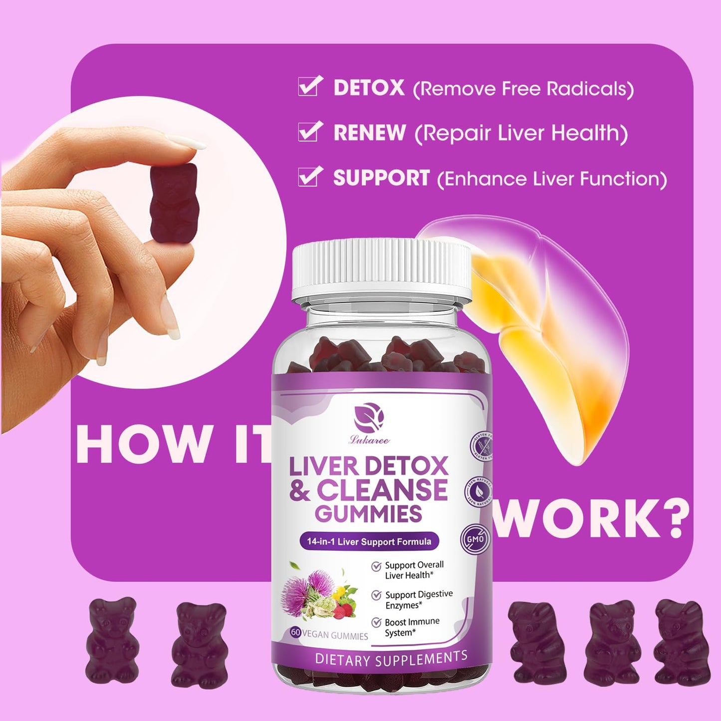 Lukaree 120 capsules equivalent raspberry flavored vegan gummies for natural antioxidant defense.