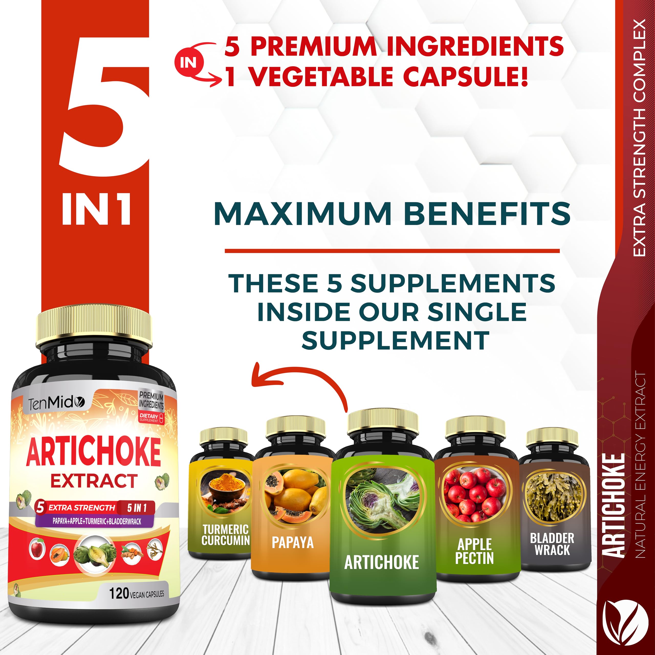 Tenmido 5 in 1 digestive supplement bottle showing papaya and turmeric ingredients