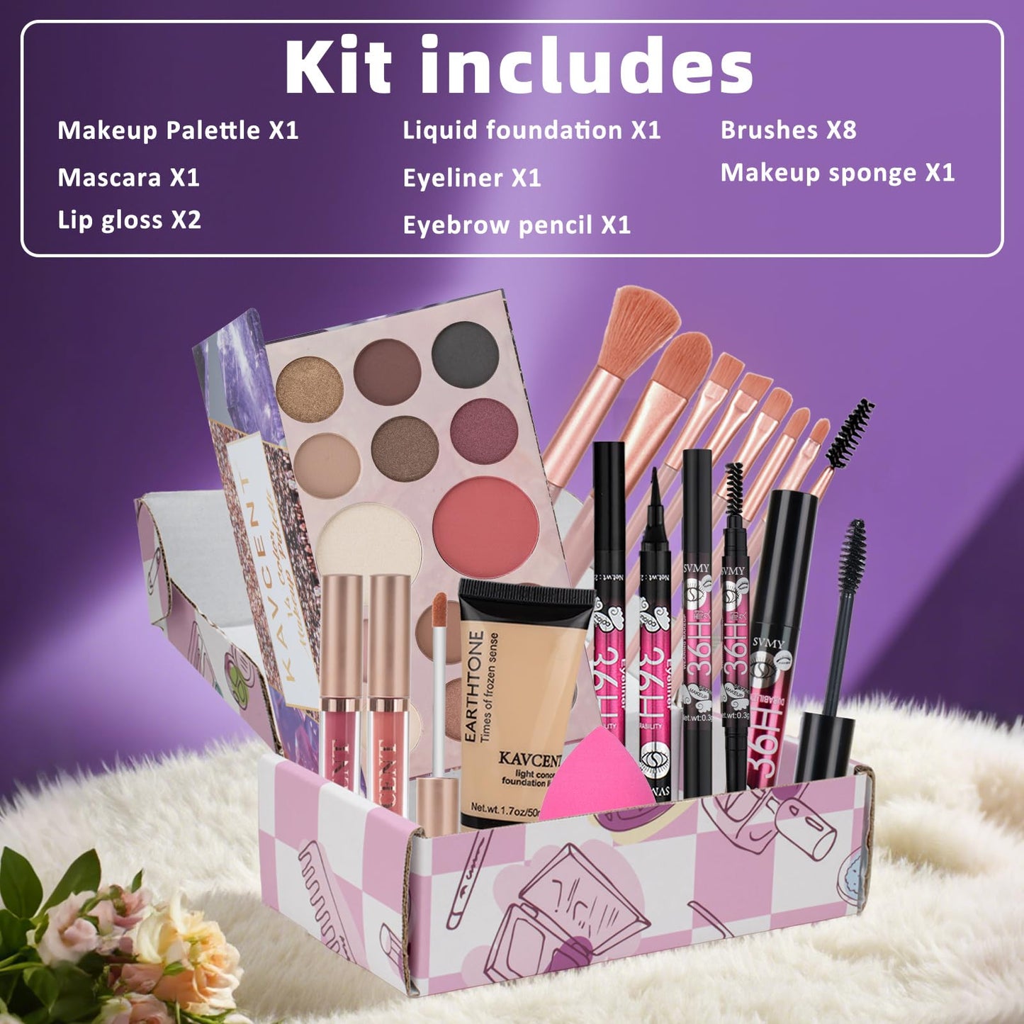 KAVCENT complete starter cosmetic gift set with foundation mascara and blending sponge