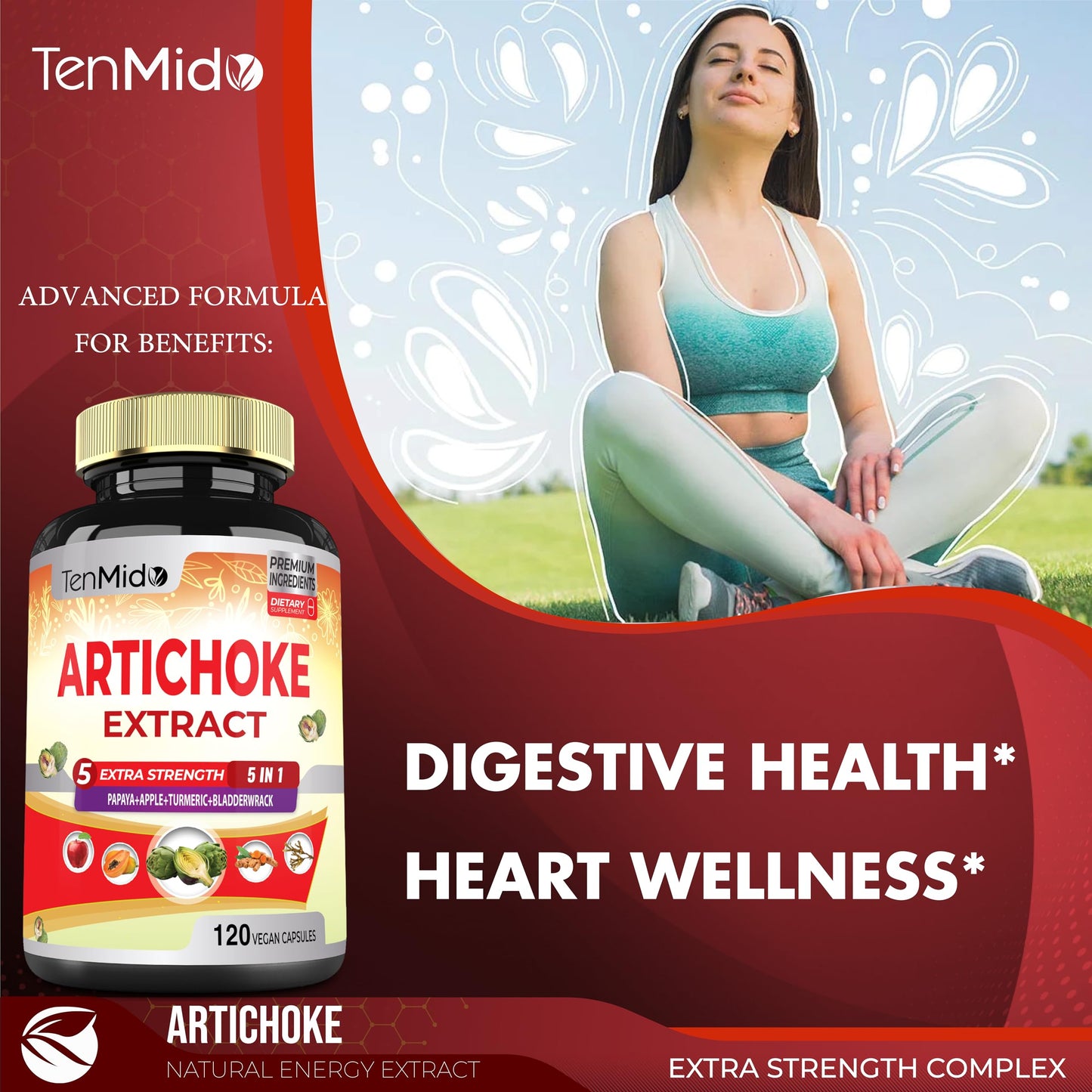 Authentic Tenmido plant based digestive enzymes bottle showing apple pectin content