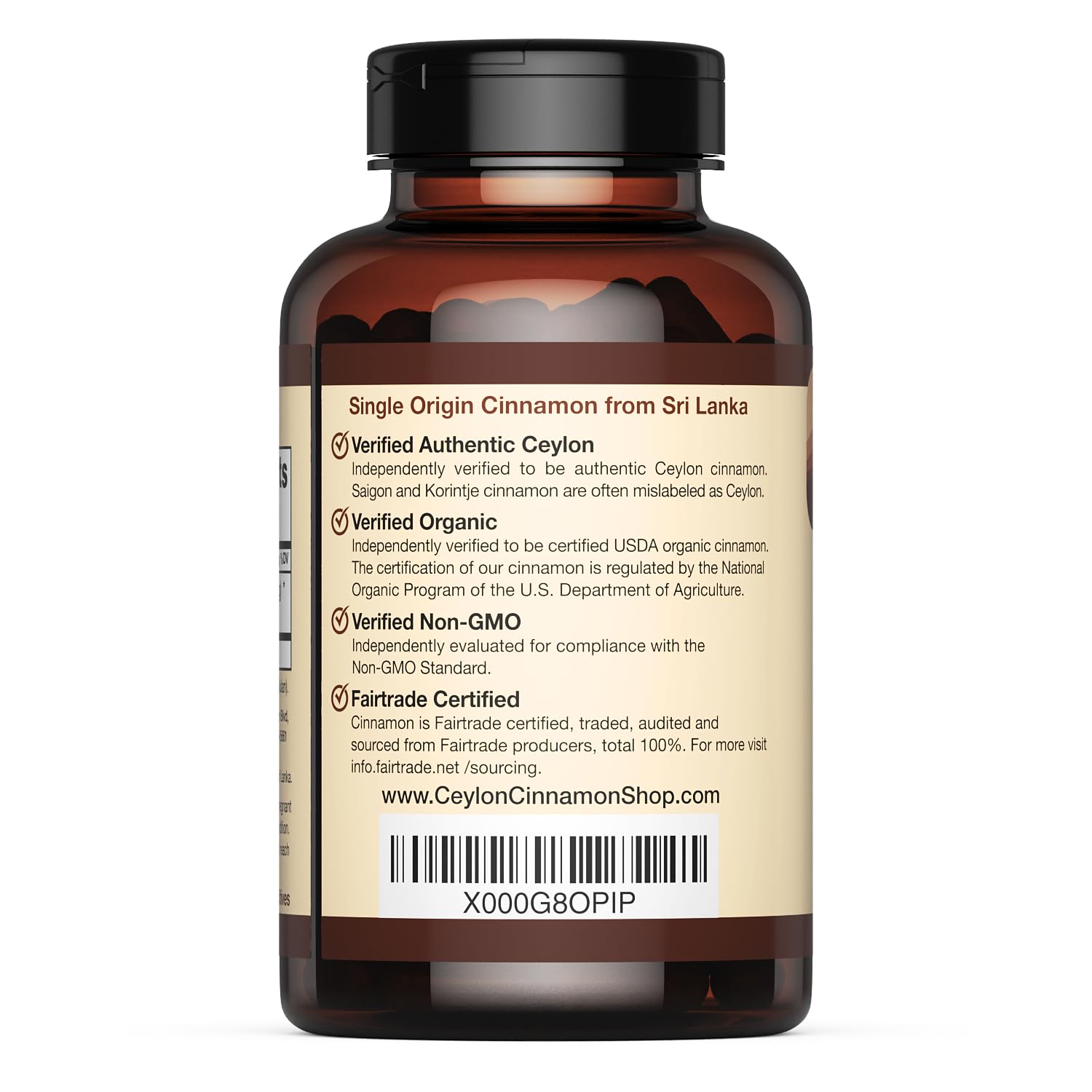 Close up of Ceylon Cinnamon Shop supplement bottle label details