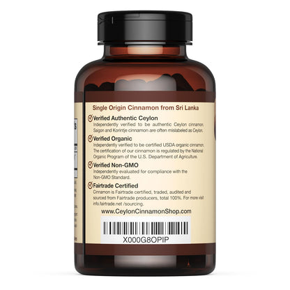 Close up of Ceylon Cinnamon Shop supplement bottle label details