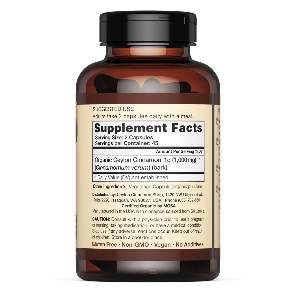 Back view of Ceylon Cinnamon Shop organic supplement nutritional facts