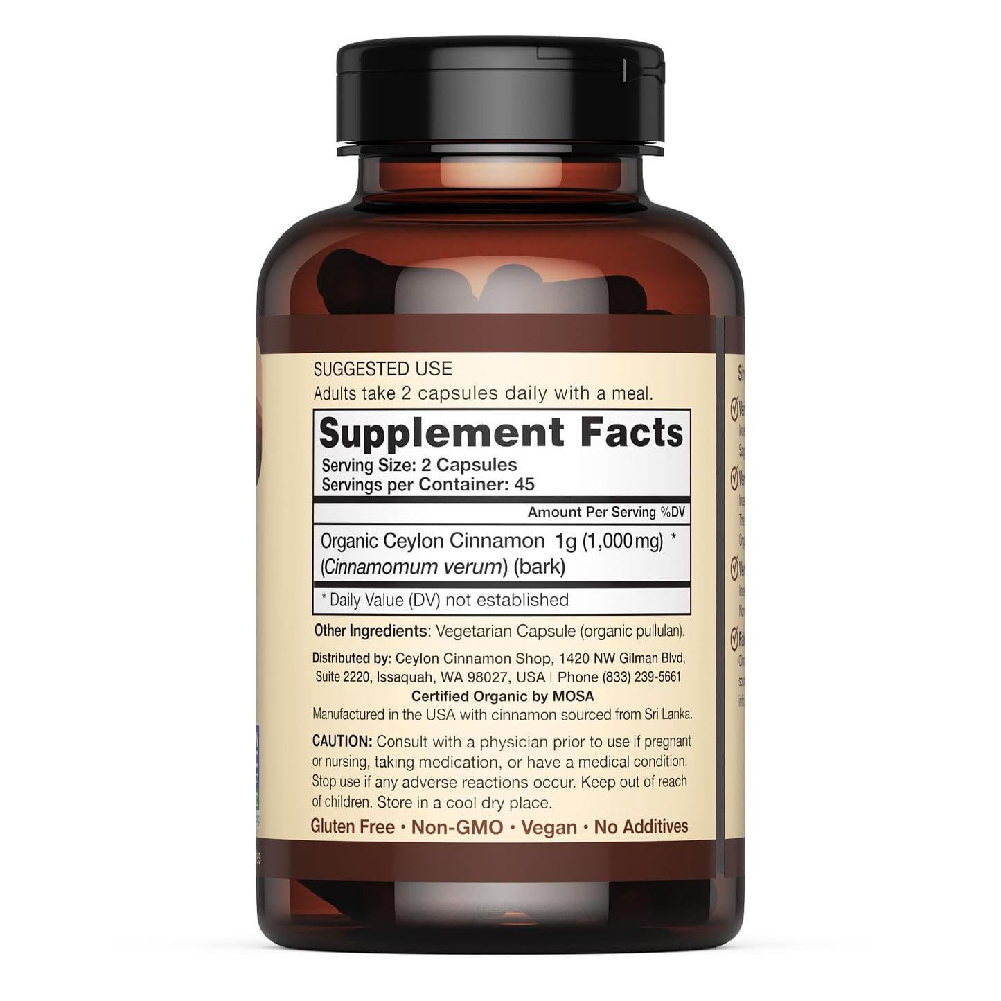 Back view of Ceylon Cinnamon Shop organic supplement nutritional facts