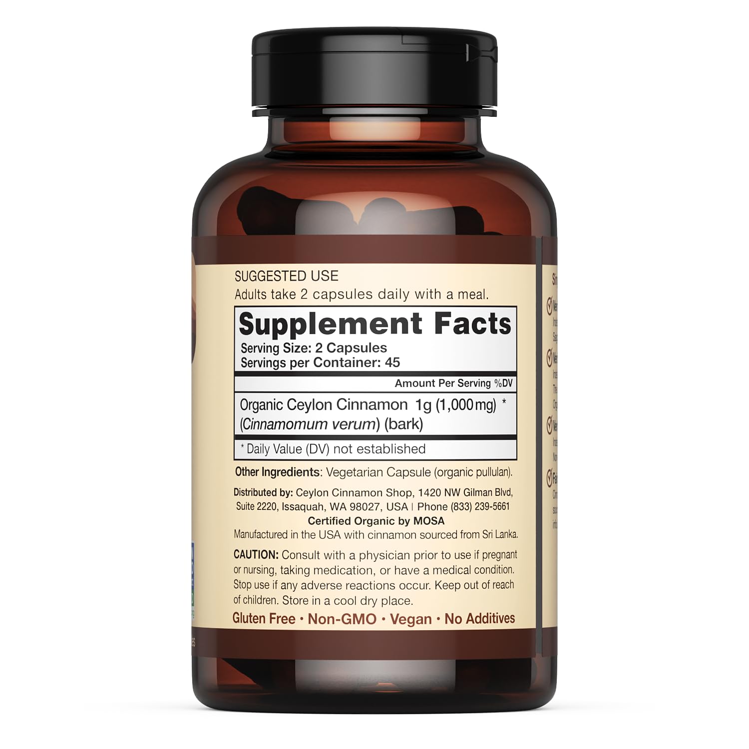 Back view of Ceylon Cinnamon Shop organic supplement nutritional facts