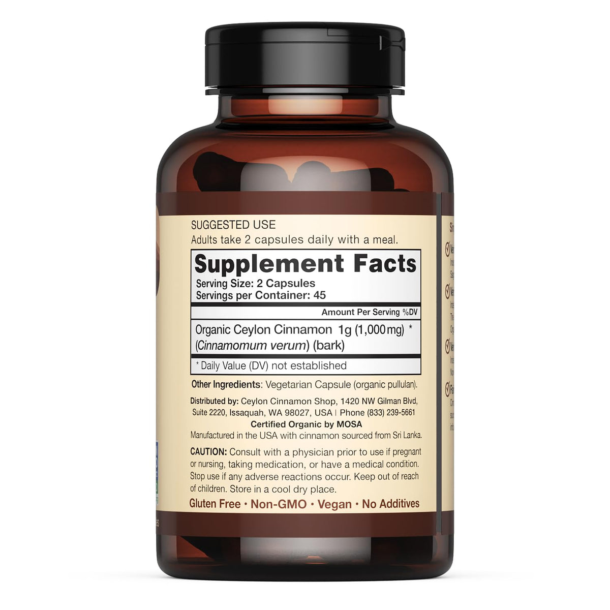 Back view of Ceylon Cinnamon Shop organic supplement nutritional facts