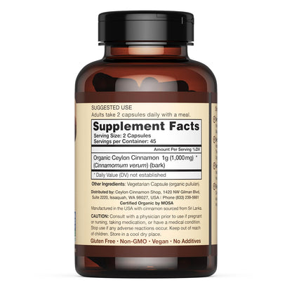 Back view of Ceylon Cinnamon Shop organic supplement nutritional facts