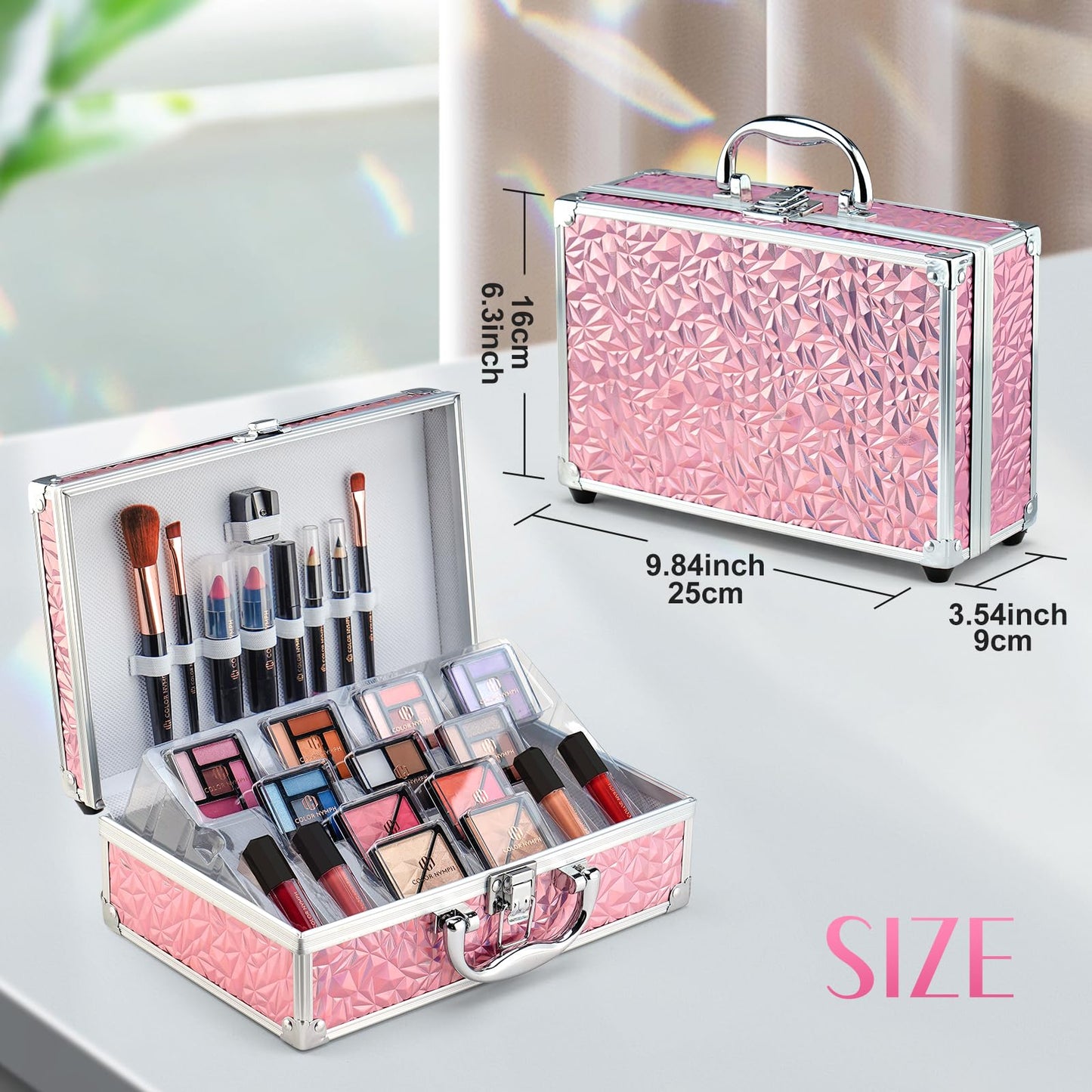 Color Nymph starter cosmetics collection showing eyeshadow brush details
