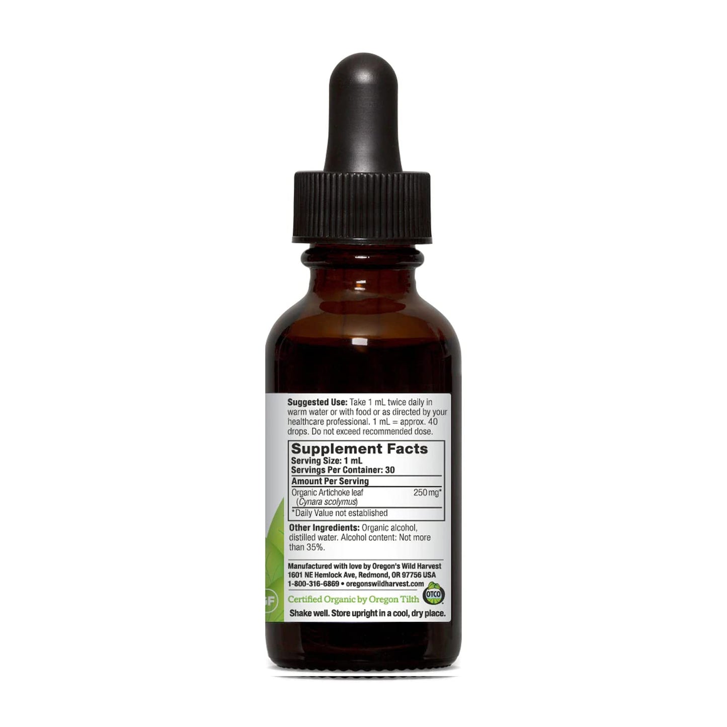 Oregon's Wild Harvest 1:4 Artichoke leaf herbal bitter supplement showing organic ingredients label
