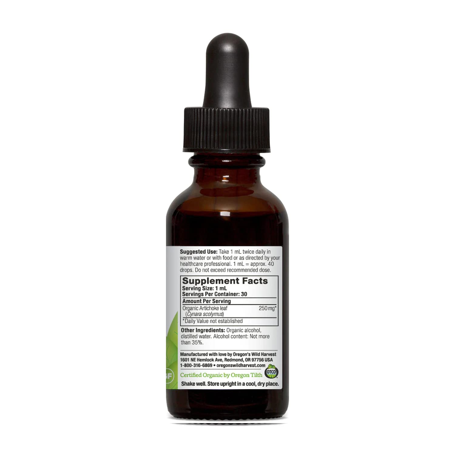 Oregon's Wild Harvest 1:4 Artichoke leaf herbal bitter supplement showing organic ingredients label