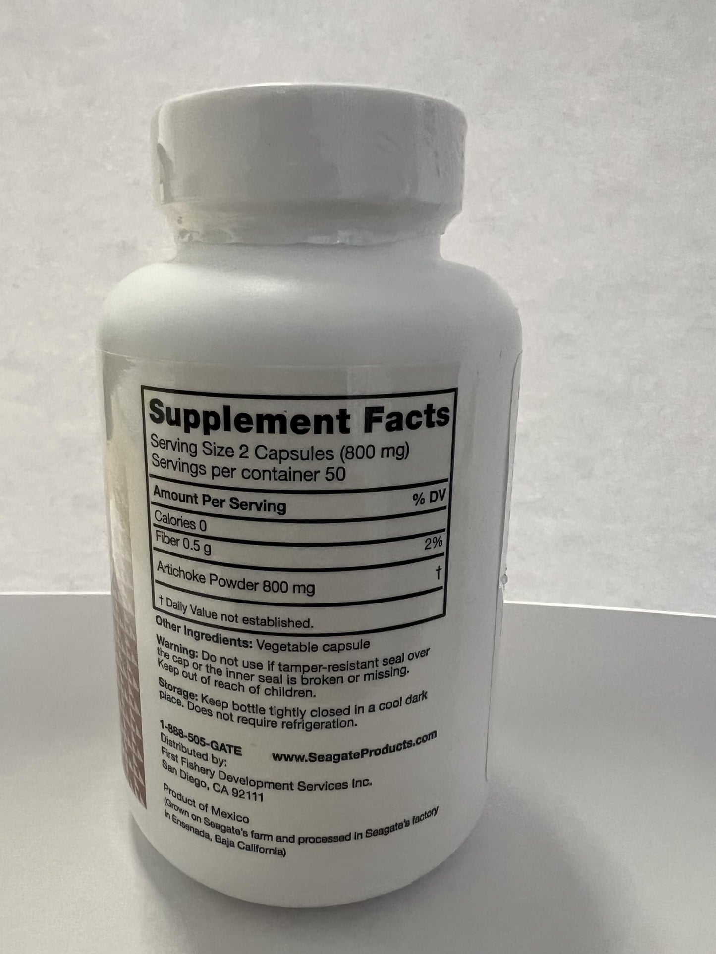 Back label of Seagate Products Artichoke 400mg showing serving size and nutritional details.