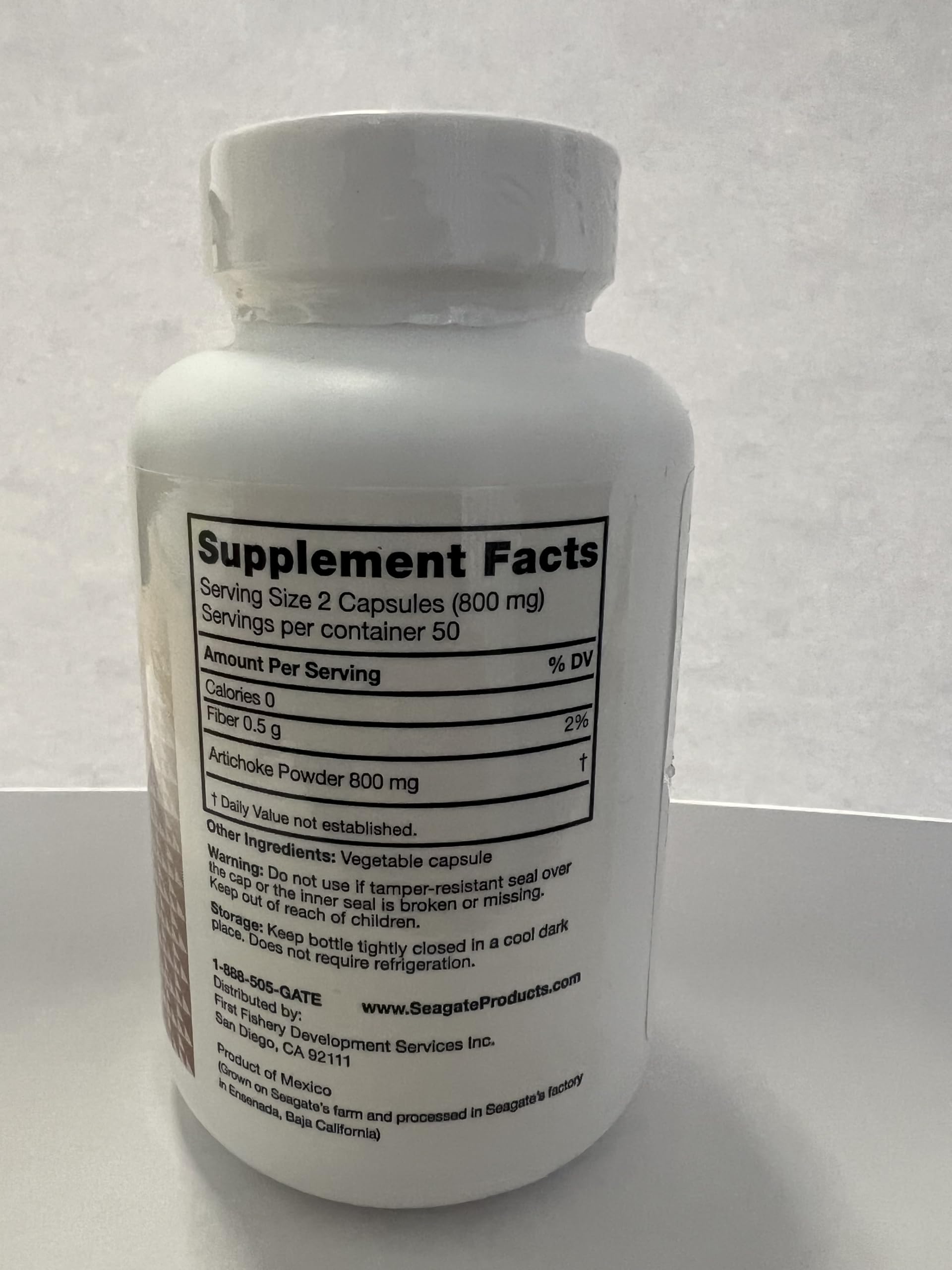 Back label of Seagate Products Artichoke 400mg showing serving size and nutritional details.