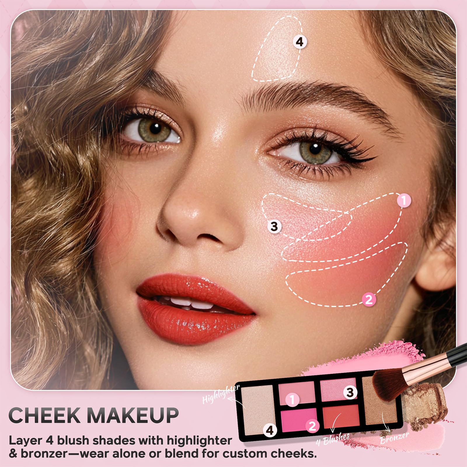Color Nymph girl makeup set showcasing matte and shimmer eyeshadow swatches and face powders