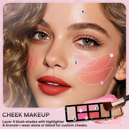 Color Nymph girl makeup set showcasing matte and shimmer eyeshadow swatches and face powders