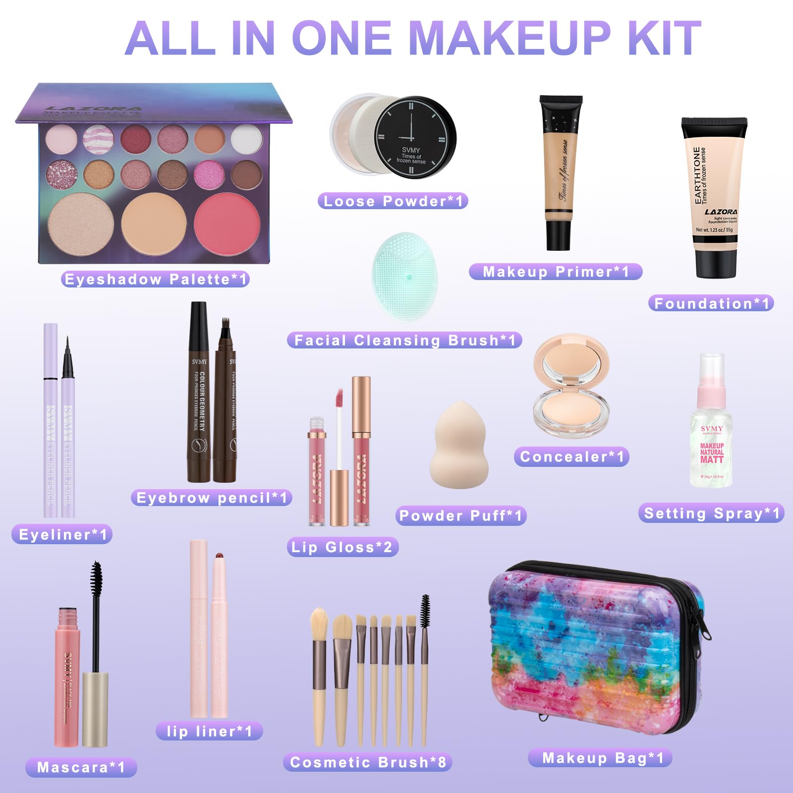 Venshun teenage cosmetics gift set displaying the eighteen color eyeshadow selection and matte lipgloss pieces.
