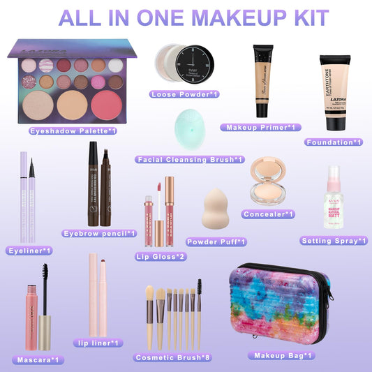 Venshun teenage cosmetics gift set displaying the eighteen color eyeshadow selection and matte lipgloss pieces.