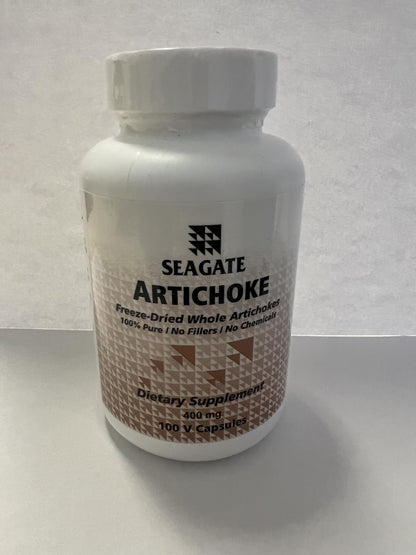 Seagate Products Artichoke 100 capsules container showcasing liver and gallbladder support icons.