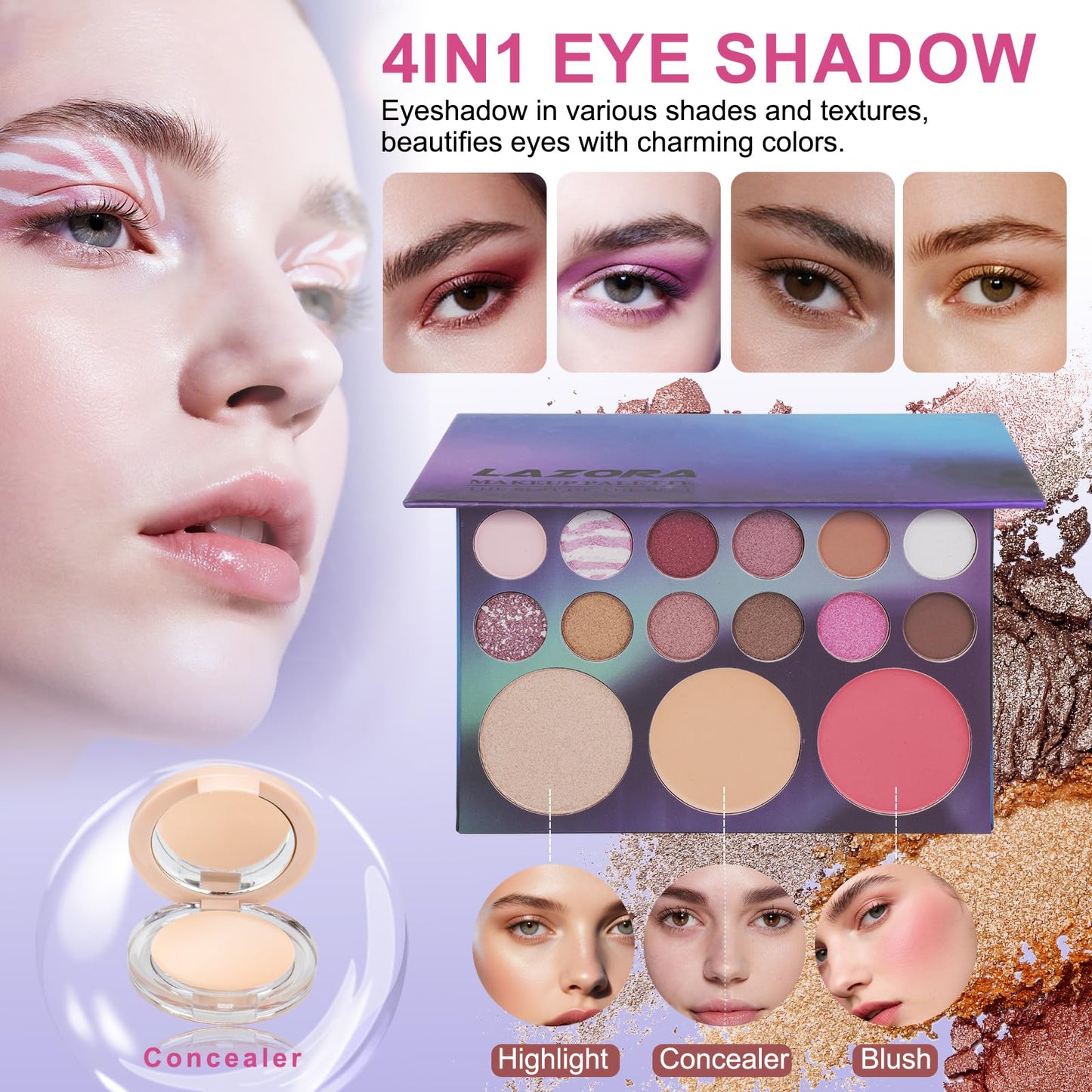 Venshun beginner makeup collection showcasing the fifteen color concealer palette and foundation bottles.