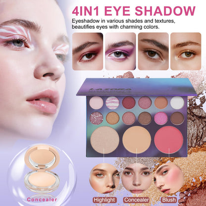 Venshun beginner makeup collection showcasing the fifteen color concealer palette and foundation bottles.