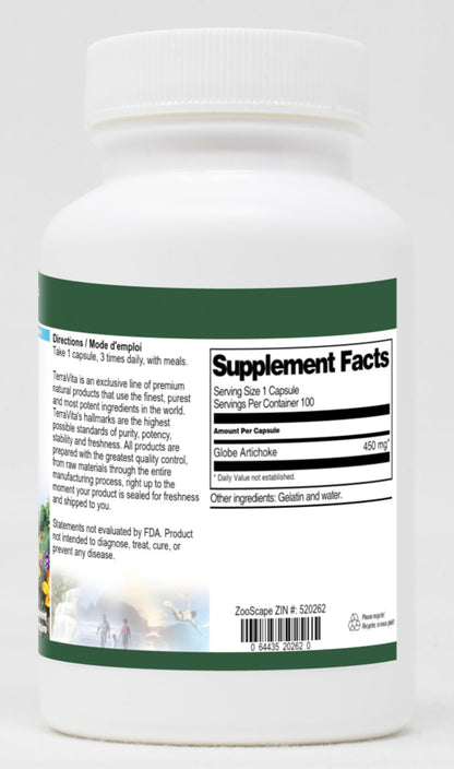 TerraVita Globe Artichoke extract capsules showing the USA manufactured product labels.