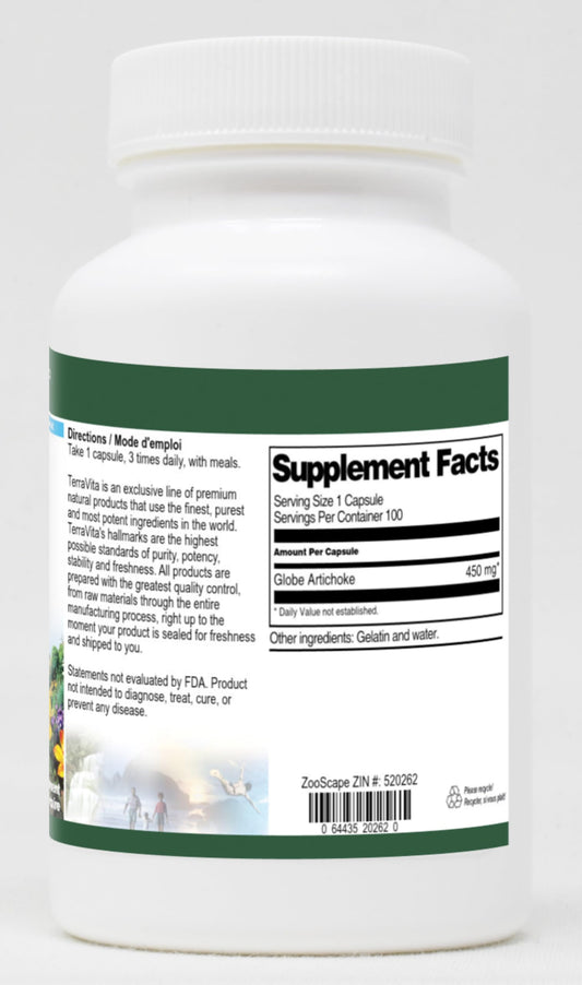 TerraVita Globe Artichoke extract capsules showing the USA manufactured product labels.