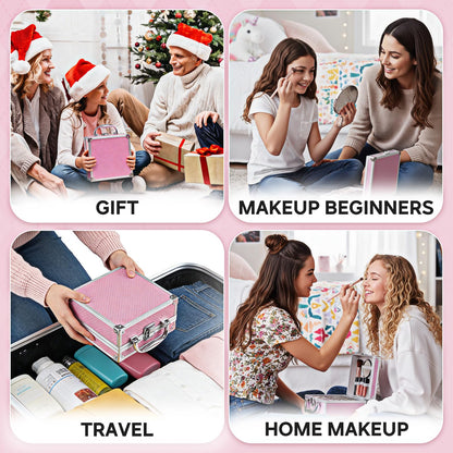 Color Nymph pink train case kit detailing the skin friendly hypoallergenic face and eye palette