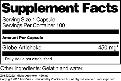 Close up of TerraVita Globe Artichoke 450mg capsules bottle showcasing the current Good Manufacturing Practice seal.