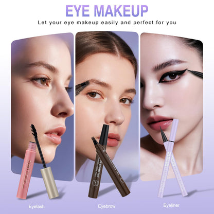 Holographic style makeup pouch from the Venshun kit surrounded by lip glosses and blending brushes.