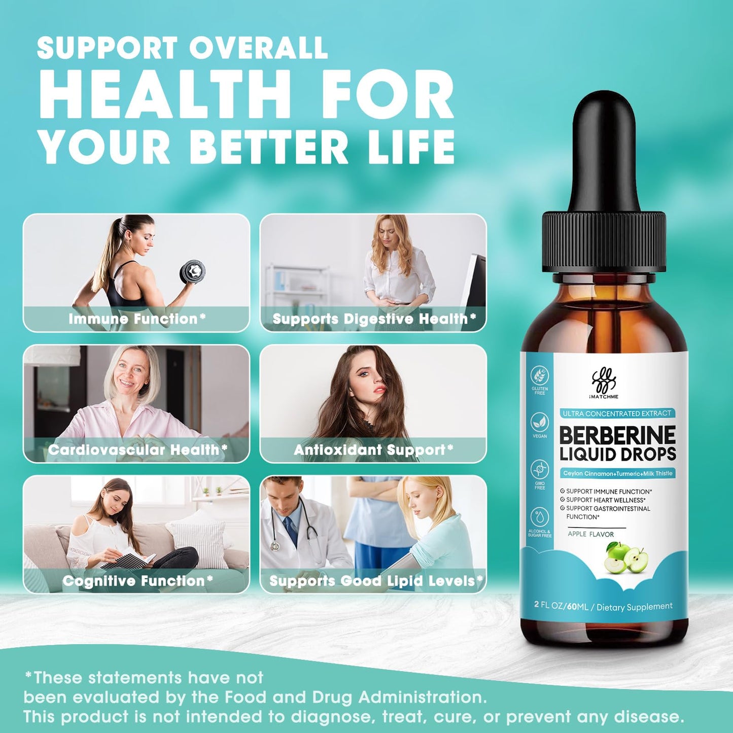 Two fluid ounce bottle of apple flavored berberine complex showcasing vegan and sugar free certifications.