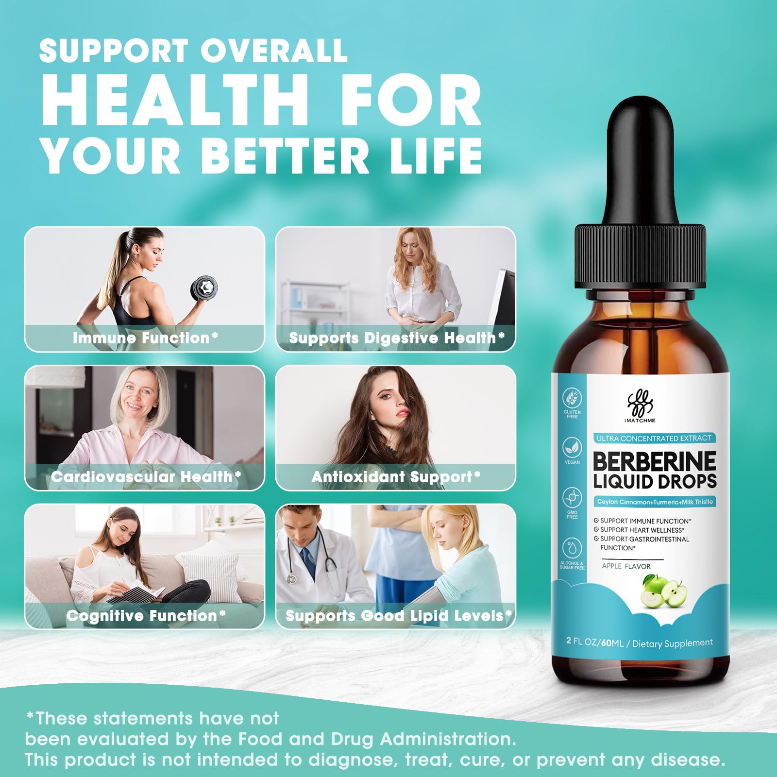 Two fluid ounce bottle of apple flavored berberine complex showcasing vegan and sugar free certifications.