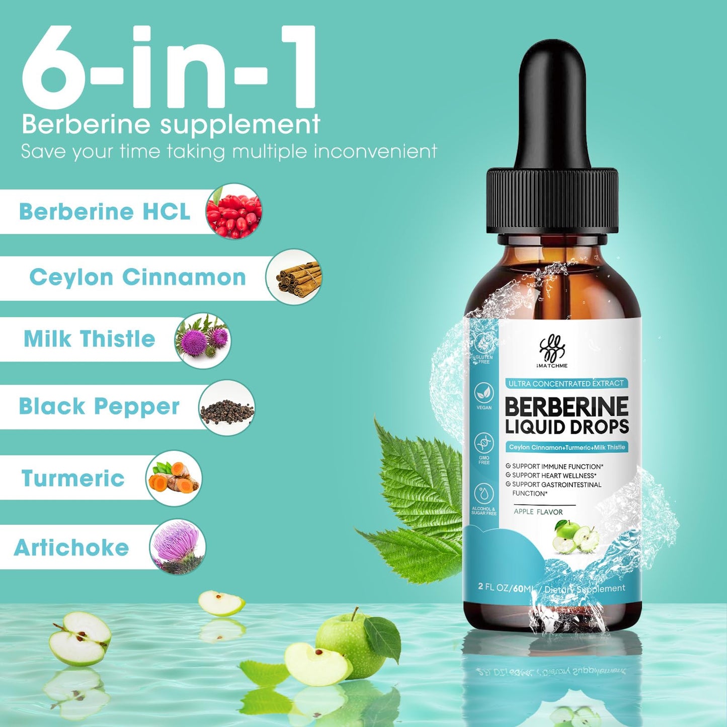 Side label of iMATCHME berberine drops displaying premium metabolic and liver health benefits.