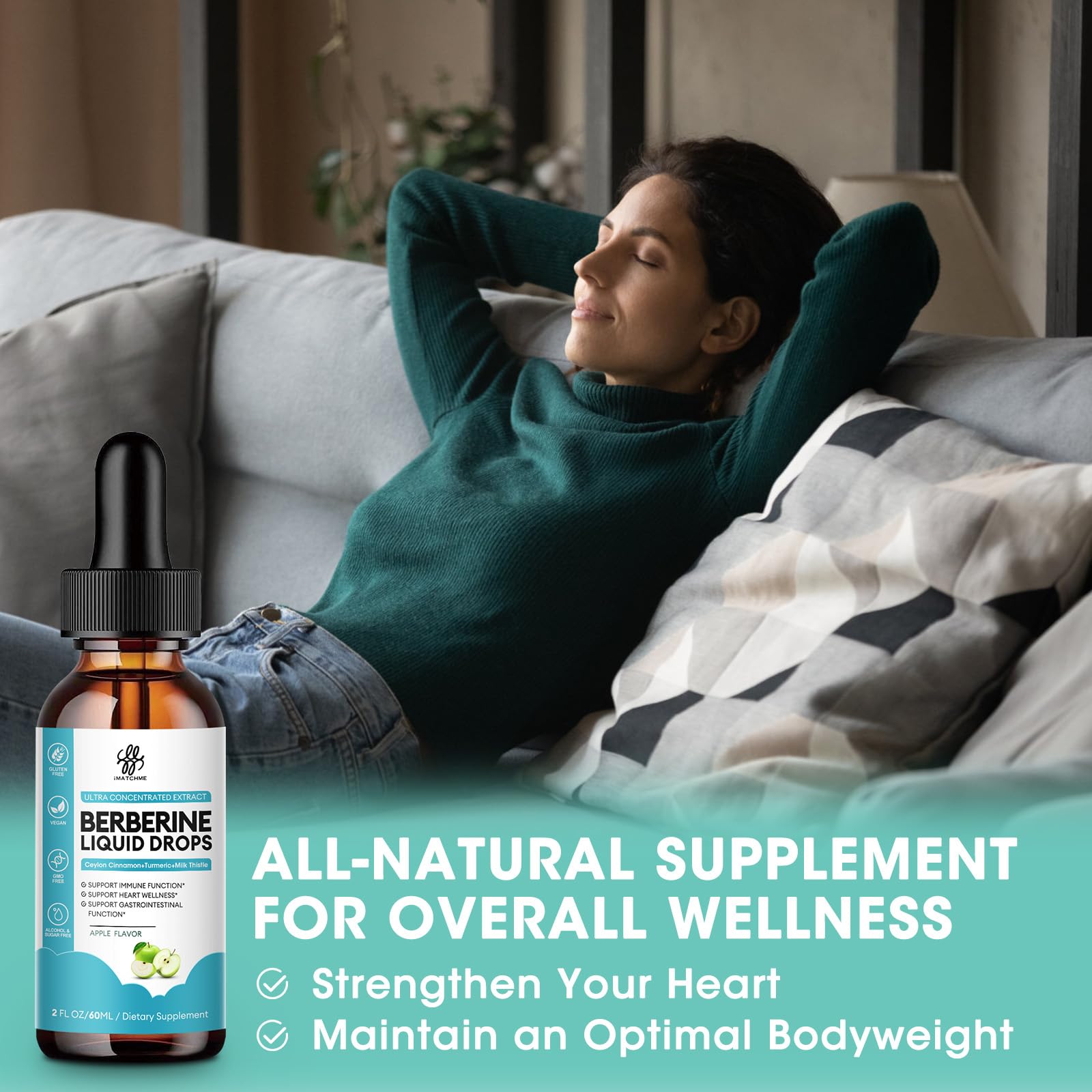 Liquid dropper showing the easy application of apple flavored berberine herbal supplement.