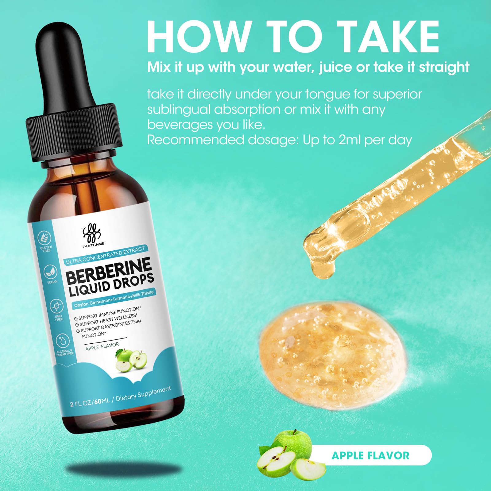 Packaging of imported iMATCHME berberine HCL tincture emphasizing gluten free and non GMO quality.