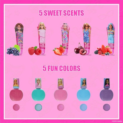 Barbie themed makeup gift set displaying five fruit-flavored sparkly lip gloss tubes close up