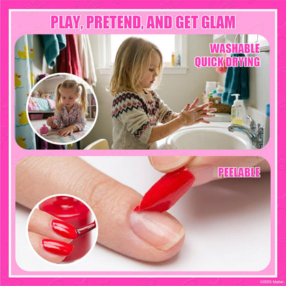Non-toxic kids cosmetic items alongside a detailed sheet of Barbie character nail stickers